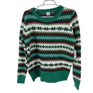 Holiday Time Women's Green Red Patterned Sweater metallic beaded soft Christmas